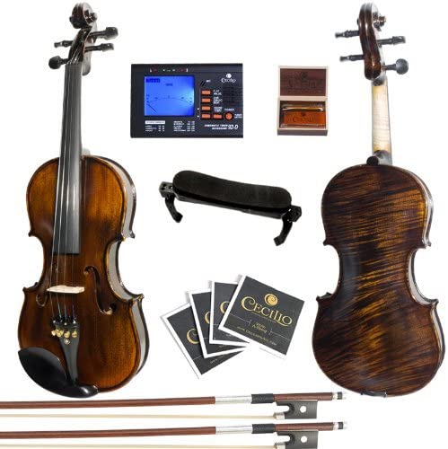 Mendini MV500+92D Flamed 1-Piece Back Solid Wood Violin with Case, Tuner, Shoulder Rest, Bow, Rosin, Bridge and Strings (Size: 4/4 (Full Size))