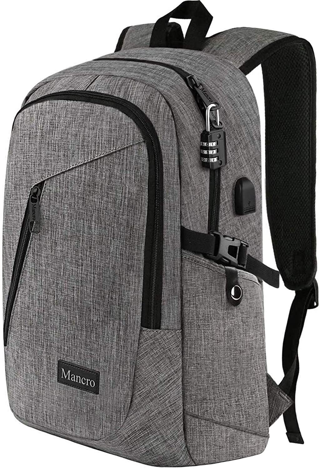 Mancro Laptop Backpack, Business Water Resistant Laptop bag Backpack Gift for Men Women with USB Charging Port, Anti Theft College School Bookbag, Travel Computer Bag for 15.6 Inch Laptops,Grey