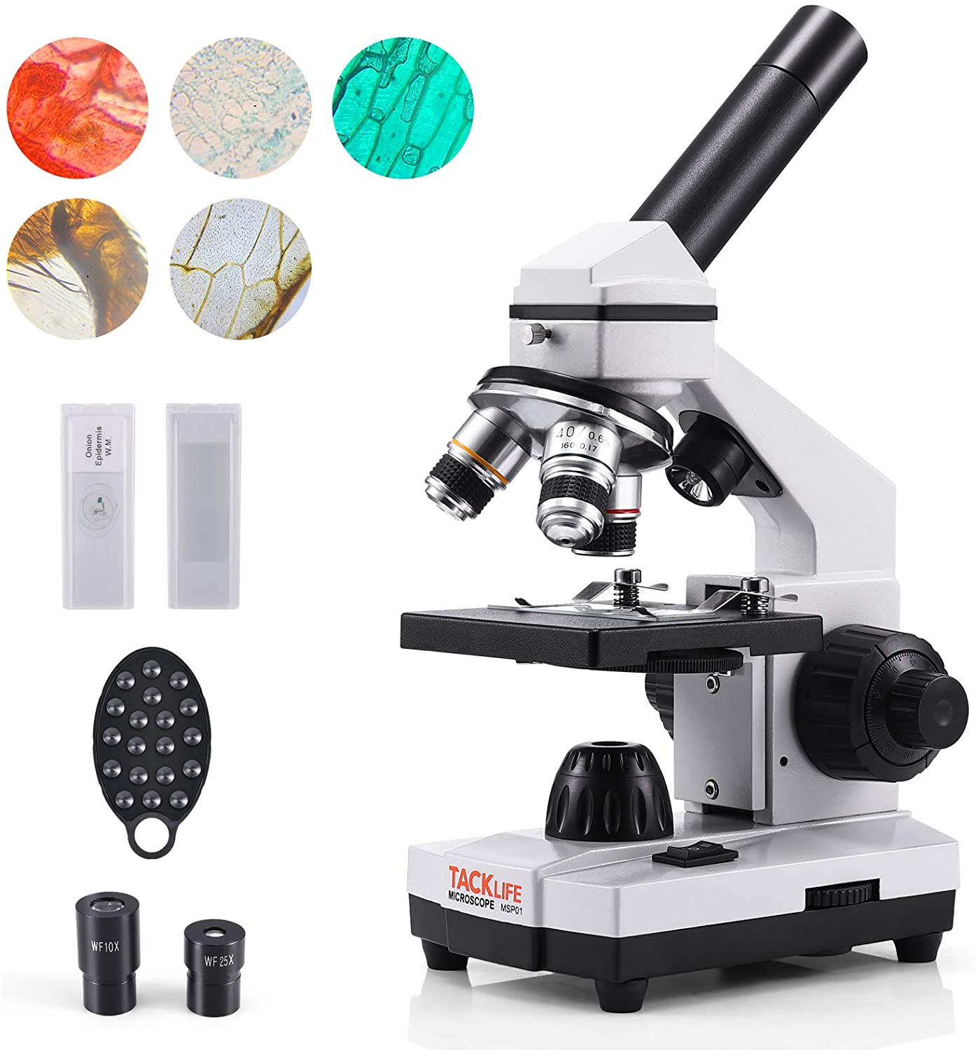 TACKLIFE 40X-1000X Microscope, Double LED Illumination/Dual Power source, School Lab Monocular Microscope with Wide-Field 10X &25X Eyepieces,10 Slides, Cellphone Adapter, for Kid/Student, Adult- MSP01