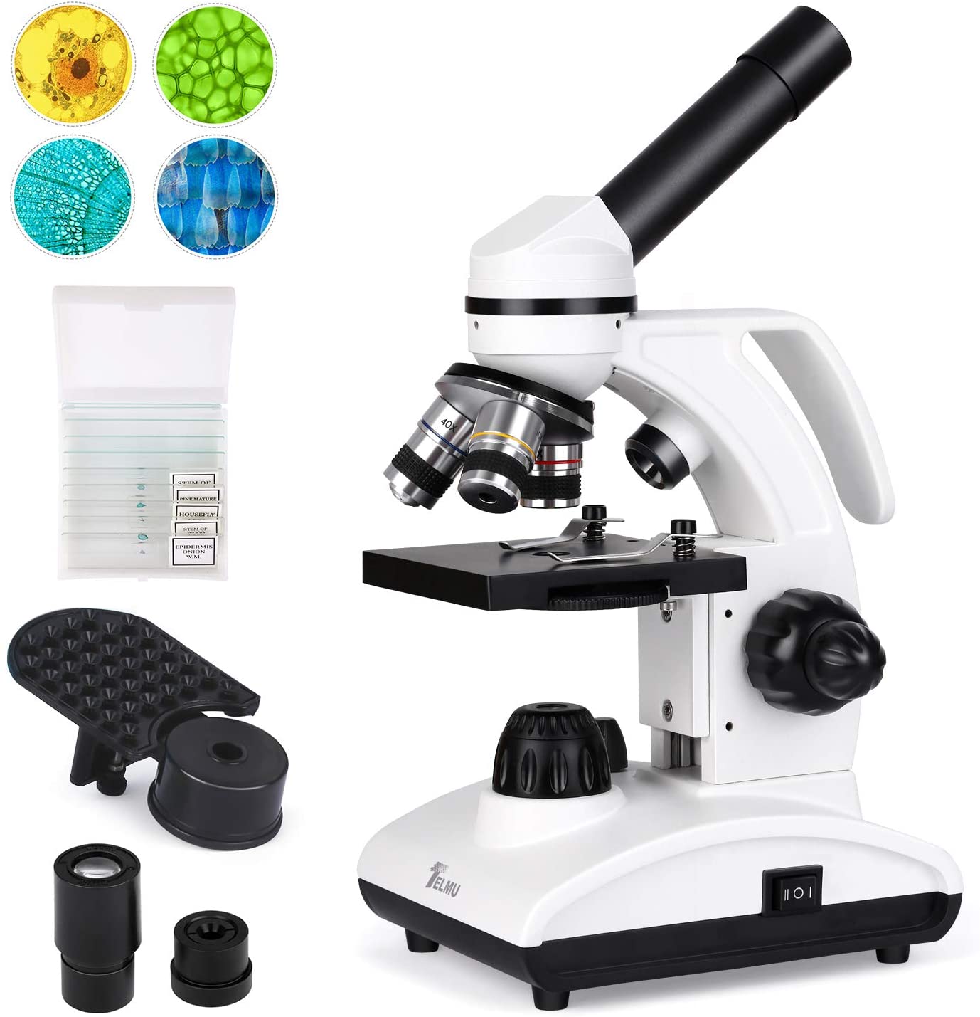 TELMU Microscope 40X-1000X Dual Cordless LED Illumination Lab Compound Monocular Microscopes with Optical Glass Lenses & 10 Slides 