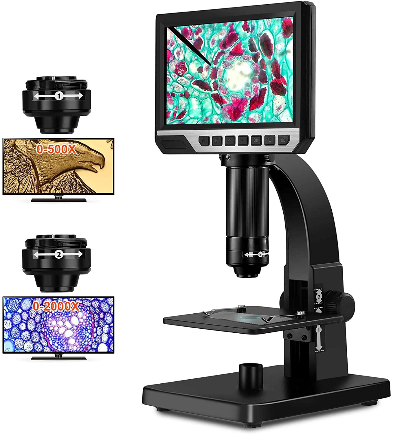 Elikliv 7" LCD Digital Microscope Dual Lens, Cell Microscope 2000X Magnification for Observing Cells Insect Plants, 12MP USB Microscope Camera Video for Coin PCB Circuit Repair Soldering