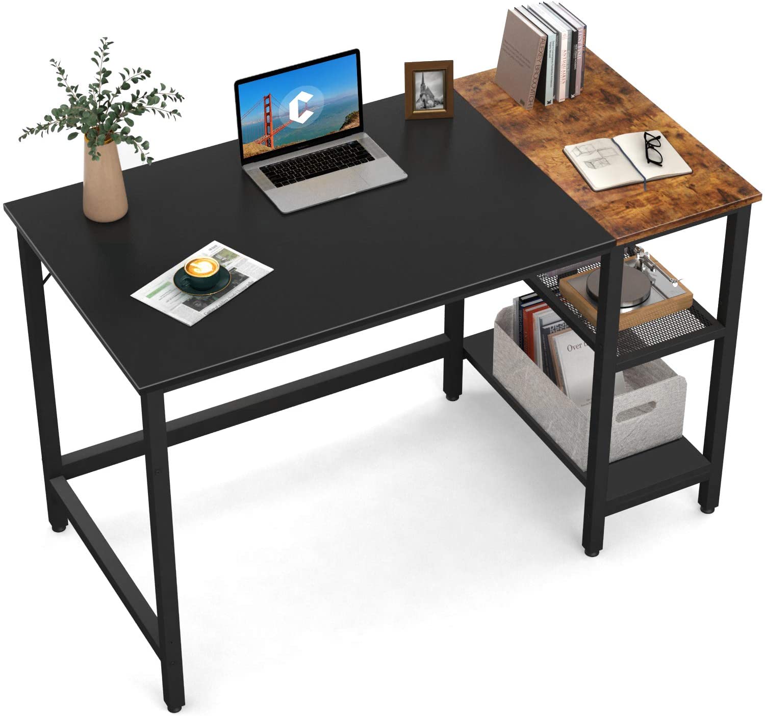 DlandHome 47 inches Computer Desk Office Table Activity Table Writing Desk Study Table Folding Table with Storage Layer Computer Workstation for Home Office Teak DND-ND7-120TB