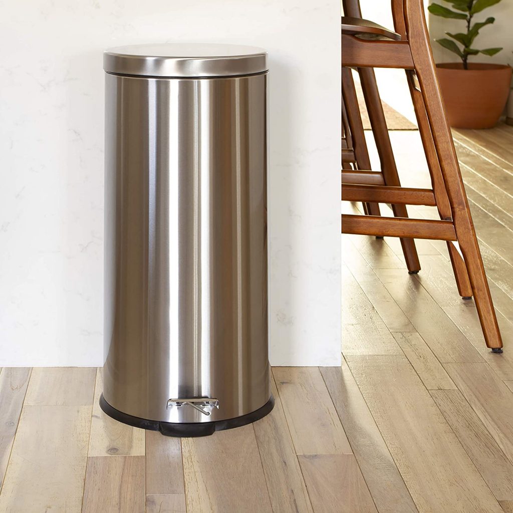 Flash Furniture Round Stainless Steel Trash Can for Dorms with Fingerprint Resistant and a Soft Lid