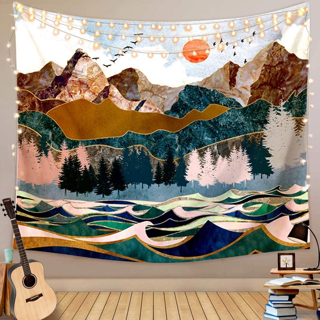 Kernorv Mountain Tapestry with 3D Large Forest Tree Ocean Wave Design