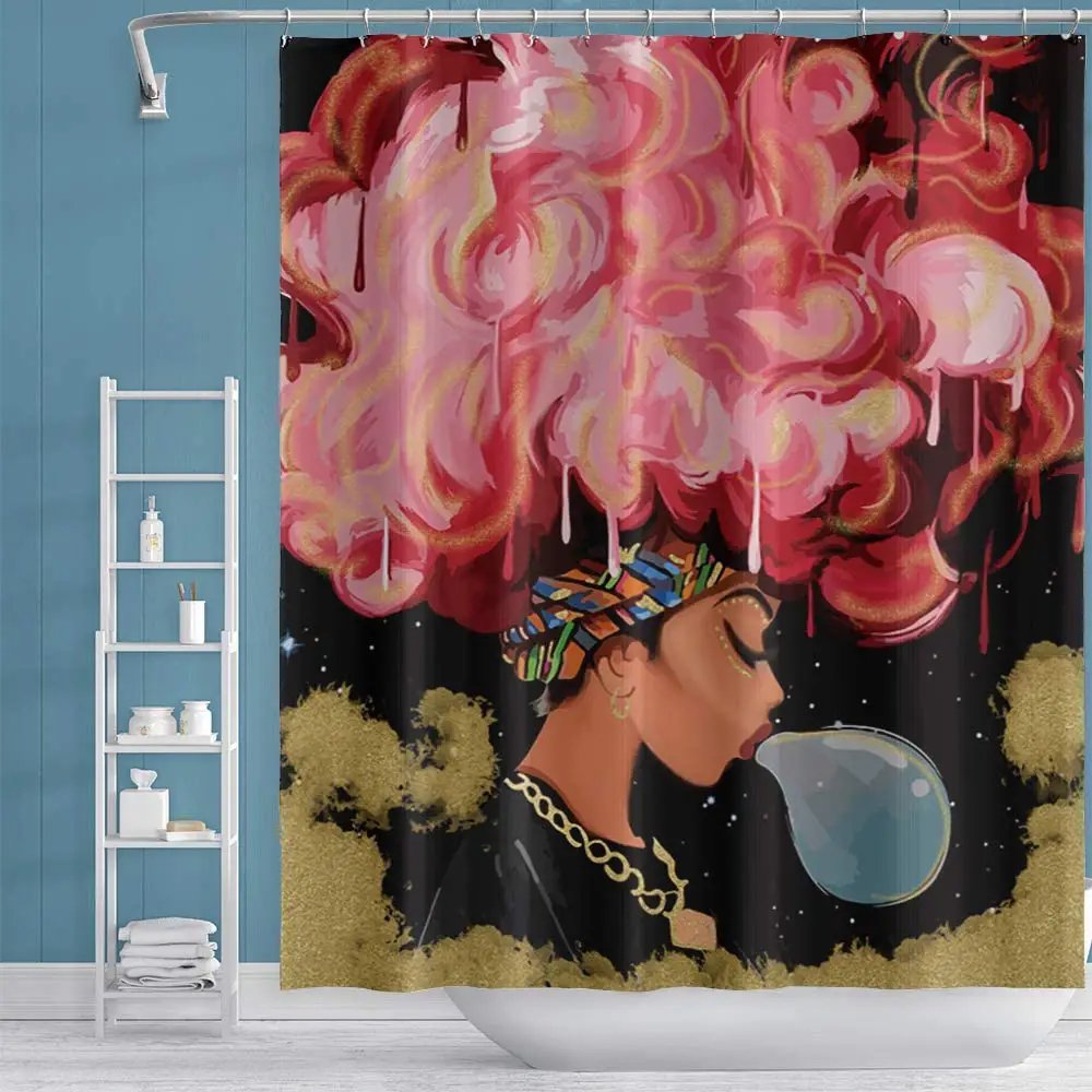 Musemailer Black Girl Shower Curtain with Bubble Gum Red Afro Hair Girl