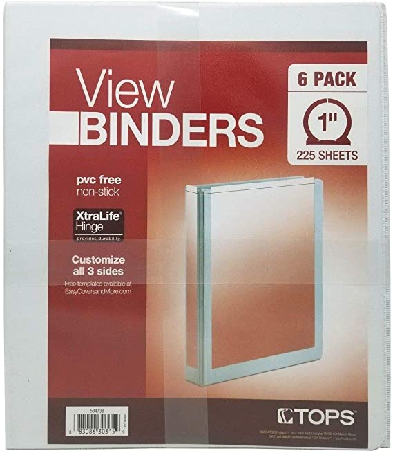 Tops 1" 3-Ring White Binders with Non-Stick Clear View