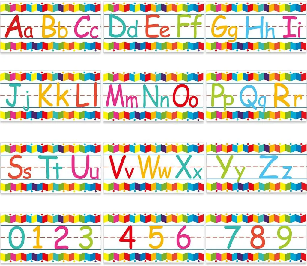 Alphabet Bulletin Board Strips Including Numbers 0 - 9 and Adhesive Dots for Classroom