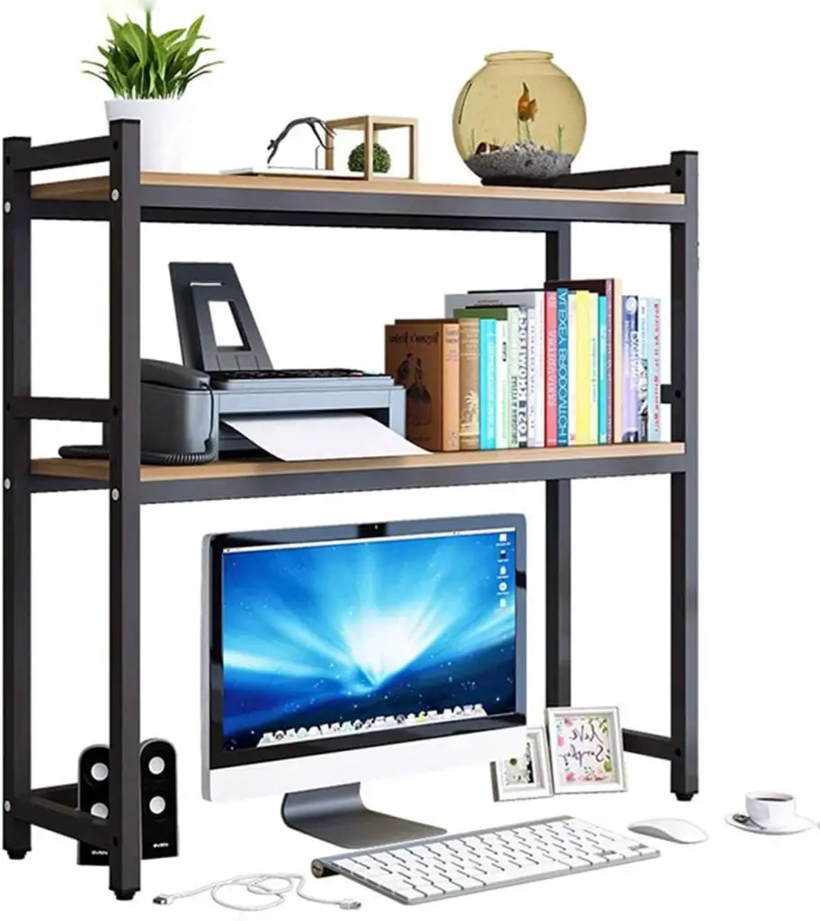 TMUCUNG Computer Bookshelf with 2-Tier Multipurpose Countertop